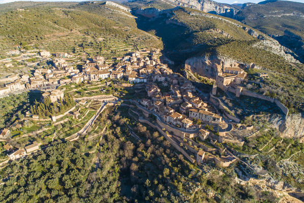 Aerial view of Alquezar village, Alquezar, Huesca, Aragon, Spain, Europe