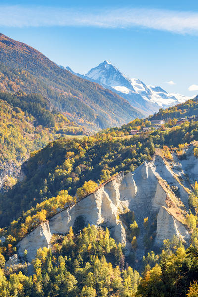 The Pyramides d'Euseigne with Dent Blanche in the background. Euseigne, Canton of Valais, Switzerland, Europe