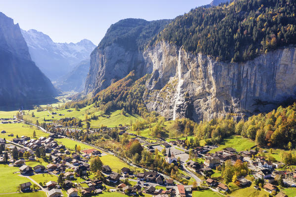 Aerial view of Lauterbrunnen. Lauterbrunnen, Canton of Bern, Switzerland, Europe