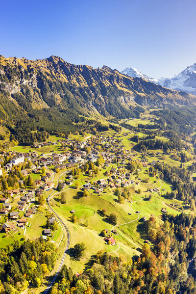 Aerial view of Wengen. Wengen, Canton of Bern, Switzerland, Europe