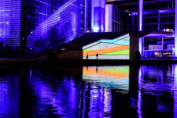 Night view of Marie-Elisabeth-Lüders-Haus (MELH) office building in Berlin, Germany, Europe