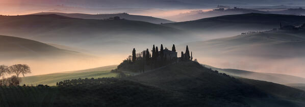 sunrise in the hills, san Quirico d'orcia, val d'orcia, siena, tuscany, italy