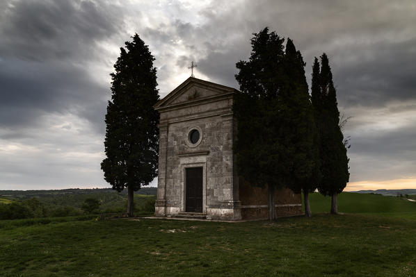 sunrise on Madonna di Vitaleta's chapel, val d'orcia, siena, Tuscany, italy