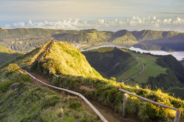 Portugal, Azores archipelago, Sao Miguel island, Sete Cidades, Boca do Inferno viewpoint, view over Lagoa Santiago and Lagoa Azul crater lakes