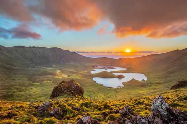 Volcanic crater Caldeirao, Corvo Island, Azores,Portugal 