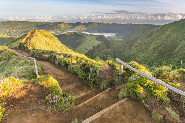 Portugal, Azores archipelago, Sao Miguel island, Sete Cidades, Boca do Inferno viewpoint, view over Lagoa Santiago and Lagoa Azul crater lakes