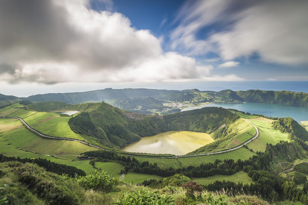 Portugal, Azores archipelago, Sao Miguel island, Sete Cidades, Boca do Inferno viewpoint, view over Lagoa Santiago and Lagoa Azul crater lakes