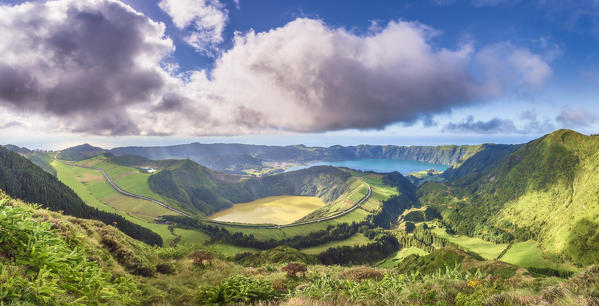 Portugal, Azores archipelago, Sao Miguel island, Sete Cidades, Boca do Inferno viewpoint, view over Lagoa Santiago and Lagoa Azul crater lakes
