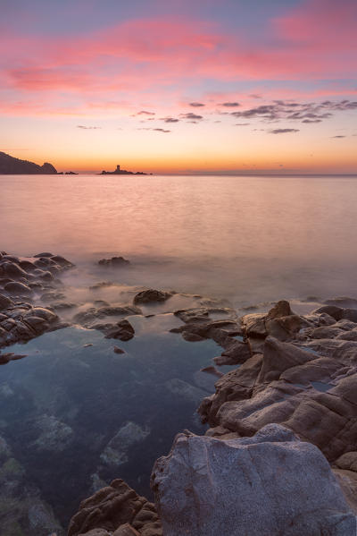 Saint-Raphaël coast at sunrise with the Île d'Or in the background, Var department, Provence-Alpes-Côte d'Azur region, France