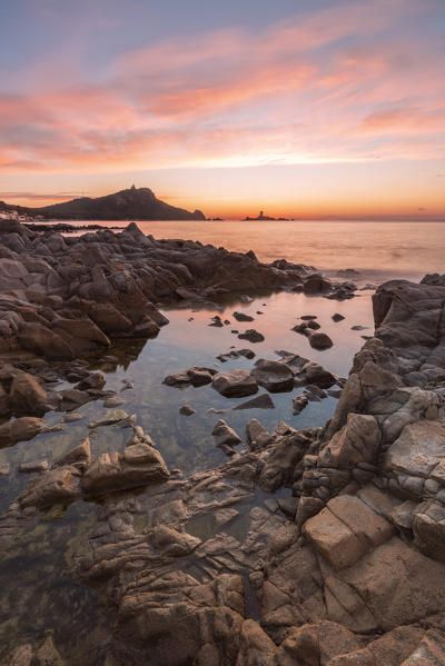 Saint-Raphaël coast at sunrise with the Île d'Or in the background, Var department, Provence-Alpes-Côte d'Azur region, France
