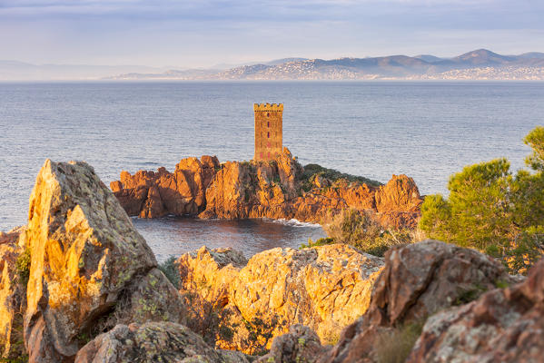 The île d'Or, a private island located at the east of the city of Saint-Raphaël, viewed from Cap Dramont at sunrise, Var department, Provence-Alpes-Côte d'Azur region, France
