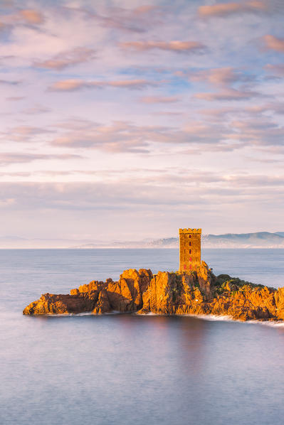 The île d'Or, a private island located at the east of the city of Saint-Raphaël, viewed from Cap Dramont at sunrise, Var department, Provence-Alpes-Côte d'Azur region, France