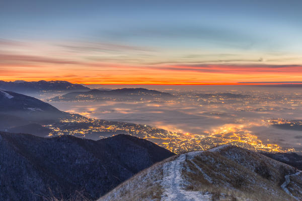 Overviewed of Brianza lights before sunrise from Bollettone Mount, Como province, Lombardy, Italy
