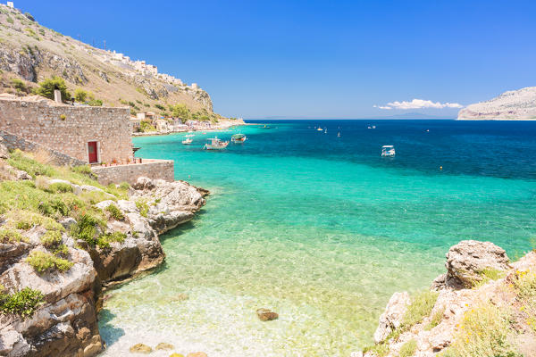Turquoise and light blue sea at Limeni Beach, Mani region, Peloponnese, Greece, Europe