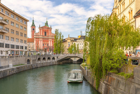 Touristic boat on Ljubljanica river. Ljubljiana, Osrednjeslovenska, Slovenia