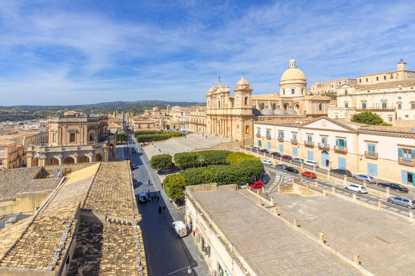 Baroque St nicholas church cathedral of Noto viewed from an elevated terrace, Siracusa province, Sicily, Italy