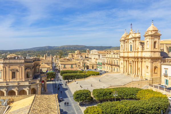 Baroque St nicholas church cathedral of Noto viewed from an elevated terrace, Siracusa province, Sicily, Italy