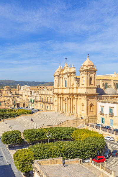 Baroque St nicholas church cathedral of Noto viewed from an elevated terrace, Siracusa province, Sicily, Italy