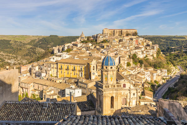 Elevated view of the church of Santa Maria dell'Itria and Ragusa Ibla in the background, Ragusa, Sicily, Italy