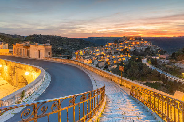 The enchanting hilltop town of Ragusa Ibla viewed from the stair of Santa maria delle Scale church, Ragusa, Sicily, Italy