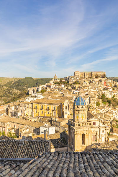 Elevated view of the church of Santa Maria dell'Itria and Ragusa Ibla in the background, Ragusa, Sicily, Italy
