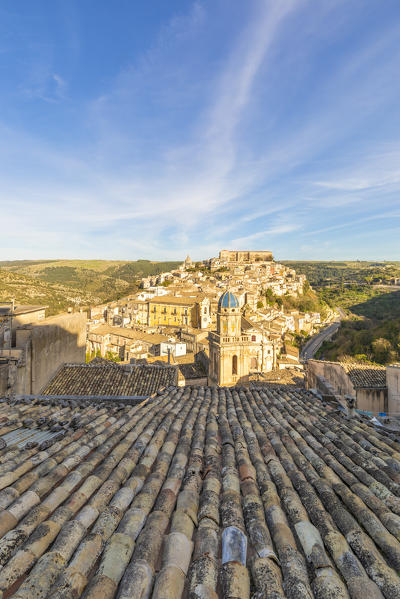 Close up of a typical rooftop with Ragusa Ibla in the background, Ragusa, Sicily, Italy