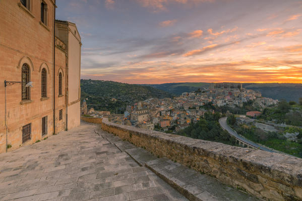 elevated view of the hilltop city of Ragusa Ibla at dawn, Ragusa, Sicily, Italy