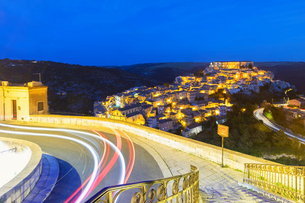 The enchanting hilltop town of Ragusa Ibla viewed from the stair of Santa maria delle Scale church, Ragusa, Sicily, Italy