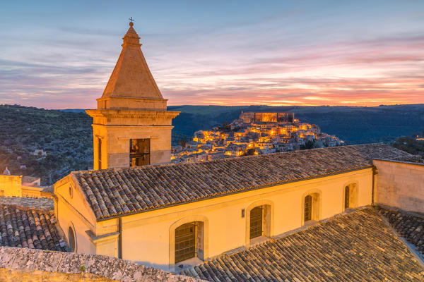 Close up of Santa Maria delle scale church and Ragusa Ibla in the background at sunrise, Ragusa, Sicily, Italy