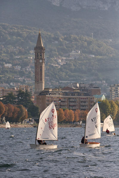 Sail boats in front of Lecco, Lecco province, lombardy, north italy, italy