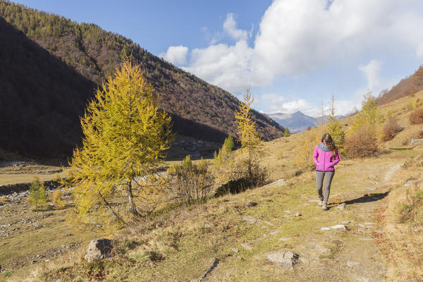 woman walking on a pathway in Valle Loana, Verbano Cusio Ossola province, Piedmont, North italy, Italy