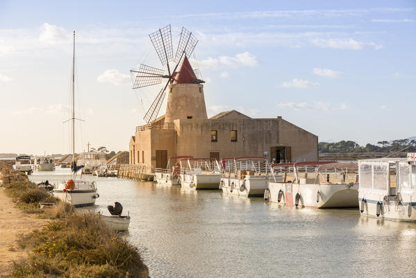 Fully functional Infersa windmill on the coast connecting Trapani to Marsala, Trapani province,Sicily,Italy