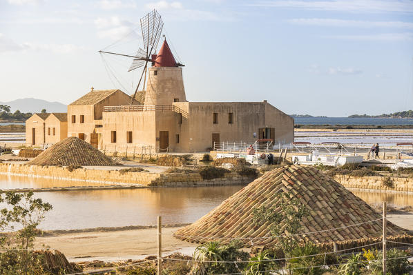 Infersa windmill,  the largest windmill of Saline della Laguna, on the coast connecting Marsala to Trapani, Trapani province,Sicily,Italy