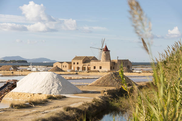 Salt pans near Infersa windmill, on the coast connecting Marsala to Trapani, Trapani province,Sicily,Italy