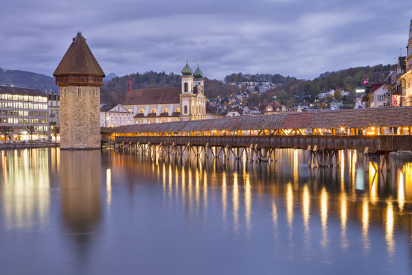Kapellbrucke bridge illuminated, Lucerne, canton of Lucerne, Switzerland