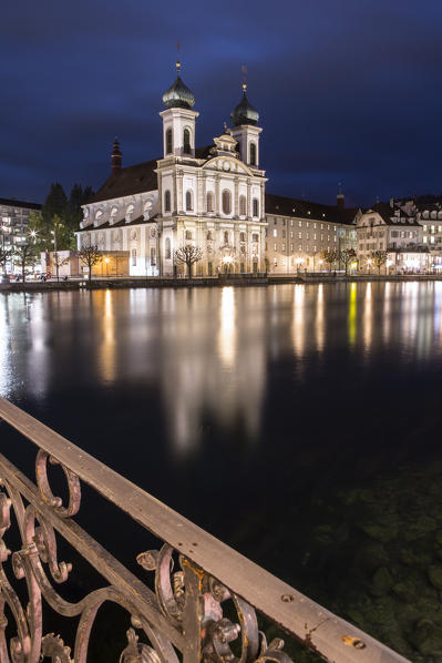 Jesuit Church seen from Kapellbrucke bridge, Lucerne, canton of Lucerne, Switzerland