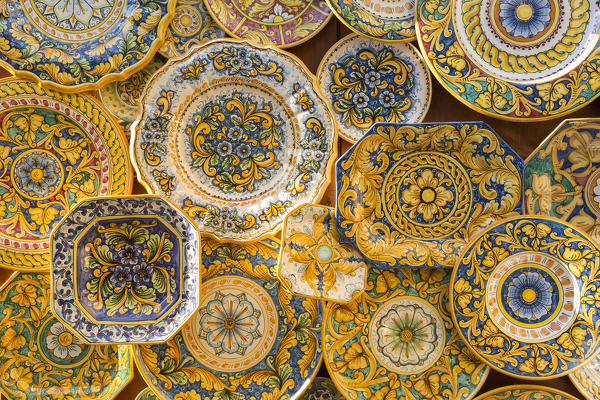 Details of pottery store in Erice, Trapani province, Sicily, Italy