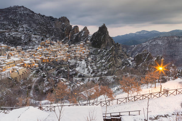 The hiding Castelmezzano after a snowfall, Potenza province, Basilicata, Italy