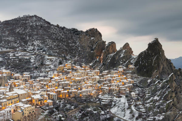 Castelmezzano after a snowfall at dusk, Potenza province, Basilicata, Italy