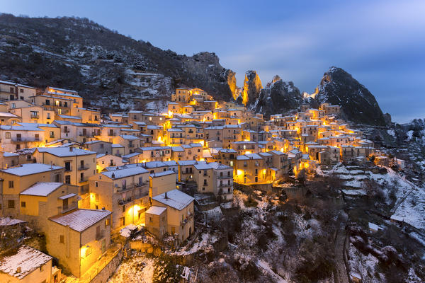 Castelmezzano after a snowfall at dusk, Potenza province, Basilicata, Italy