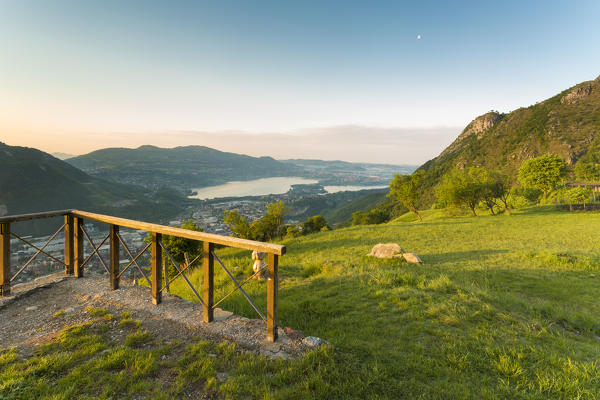 Annone lake viewed from San Tomaso at sunrise, Valmadrera, Lecco province, Lombardy, italy