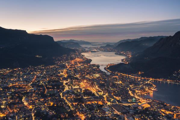 Overview of Lecco before dawn from San Martino,Lecco, Lecco province, Lombardy, Italy