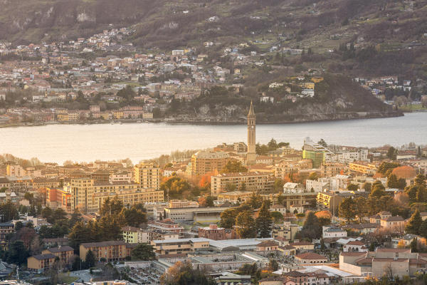 Overview of Lecco with its iconic bell tower, Lecco, Lecco province, Lombardy, italy