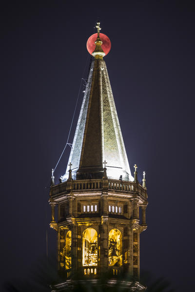 Moon eclipse on 27 july 2018 behind the bell tower of Lecco, Lecco province, Lombardy, Italy