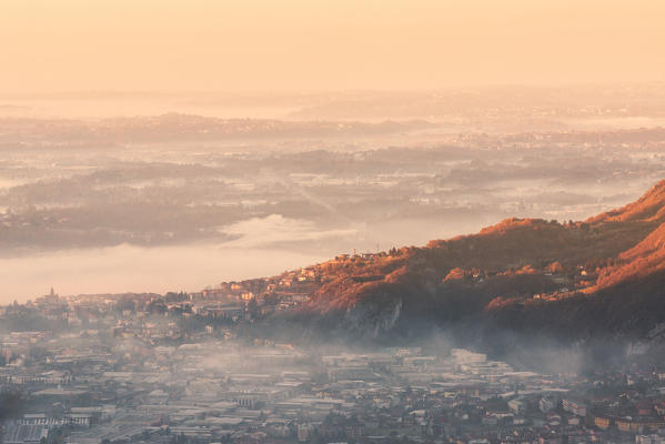 Overview of Lecco from San martino mount at dawn, Lecco, Lecco province, Lombardy, italy