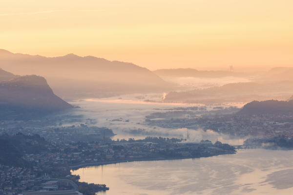 Overview of Lecco and Adda river from San martino mount at dawn, Lecco, Lecco province, Lombardy, italy