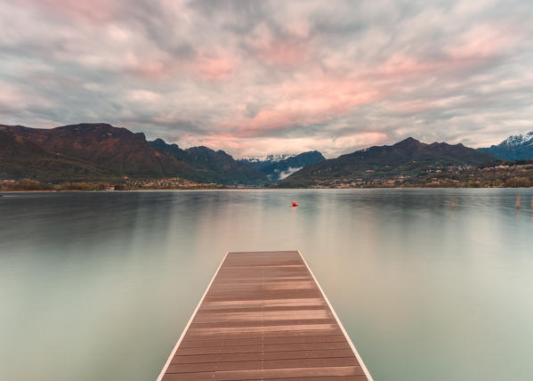 Oggiono wood pier at sunrise, Oggiono, Lecco province, Lombardy, italy