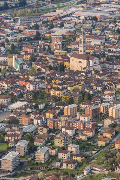Valmadrera overview from Sasso di Preguda at sunrise, Valmadrera, Lecco province, Lombardy, italy