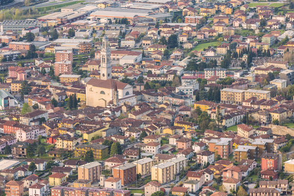Valmadrera overview from Sasso di Preguda at sunrise, Valmadrera, Lecco province, Lombardy, italy