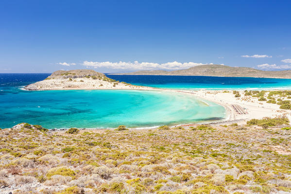 Panoramic view of Simos beach from a ridge, Elafonissos Island, Laconia Region, Peloponnese, Greece